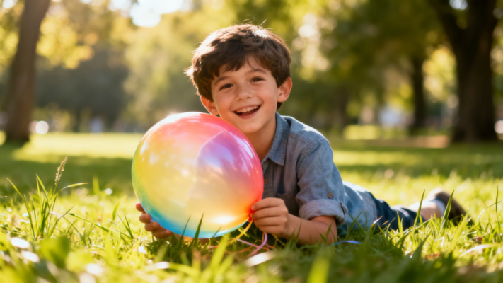 Cheerful boy holding a colorful balloon