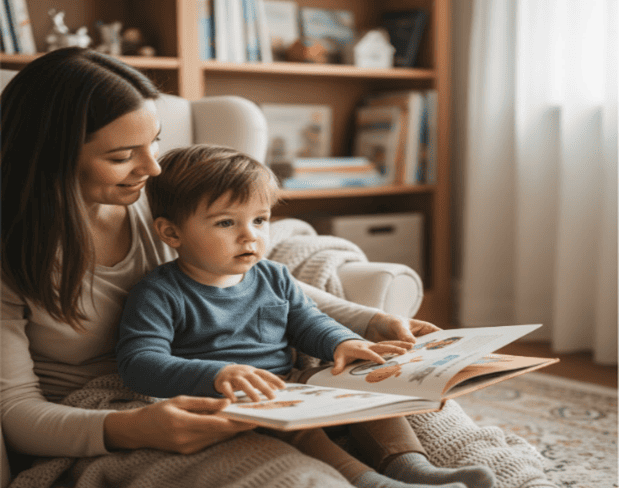 AI prompts for kids boy sitting on mom lap