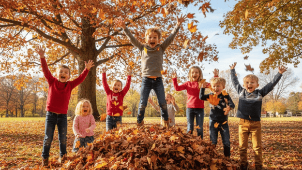 kids girl jumping in autumn leaves