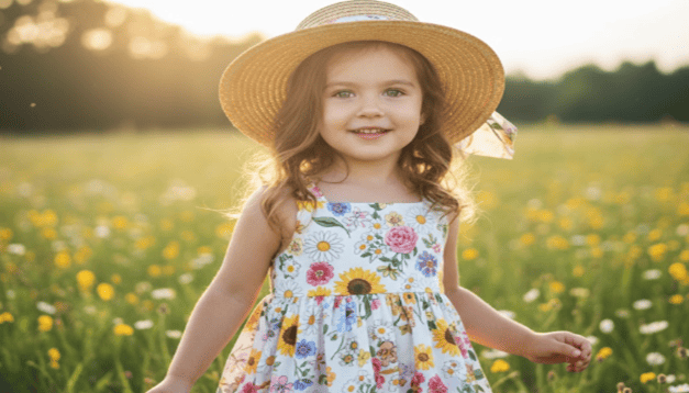 Little girl in a floral dress with a sunhat