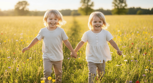 Two siblings holding hands and running in a sunny meadow