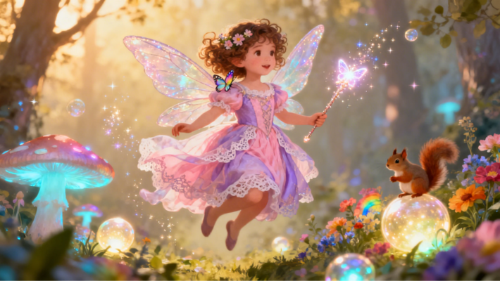 Little girl as a fairy princess with sparkling wings