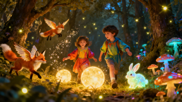 Children exploring an enchanted forest with magical glowing lights