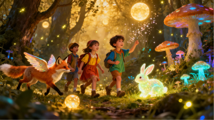 Children exploring an enchanted forest
