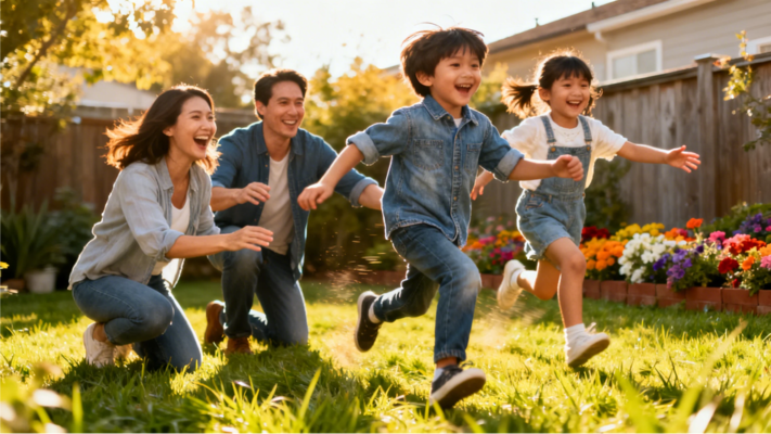 Kids playing with parents in the backyard
