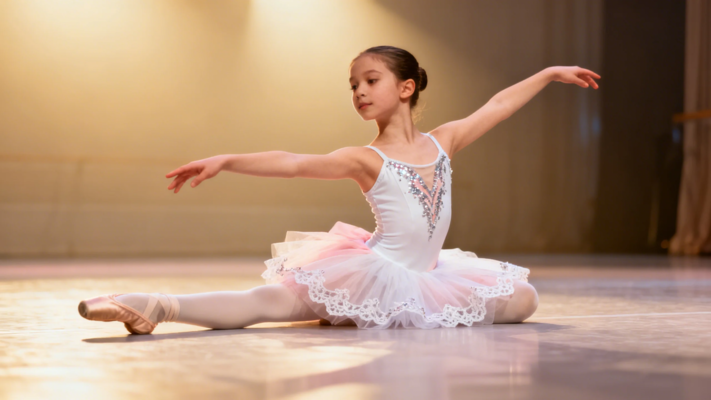 Girl practicing ballet in a spotlight on stage