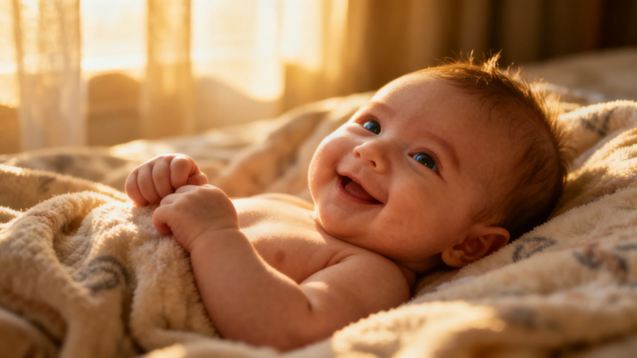 Smiling baby lying on a soft blanket under morning light