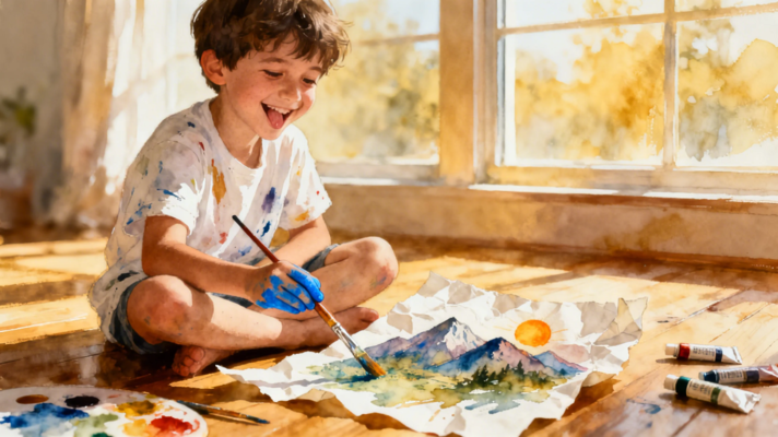 Little boy painting with watercolors