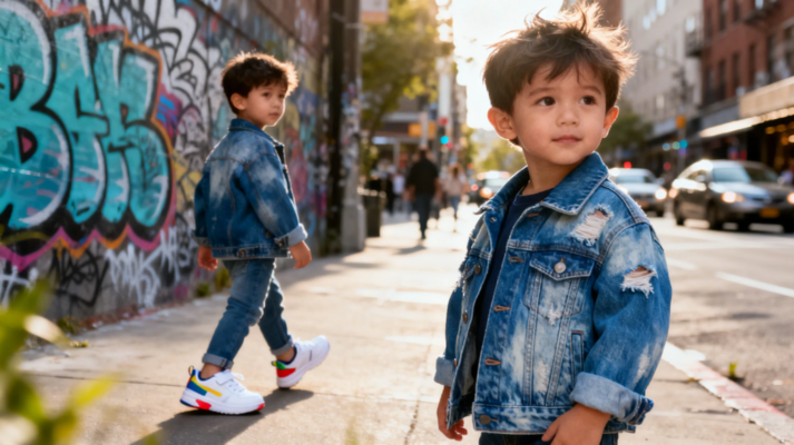 Trendy toddler boy in denim jacket and sneakers