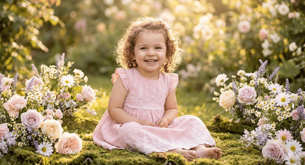 sitting in a flower garden