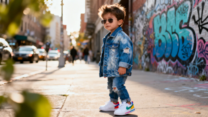 Trendy toddler boy in denim jacket