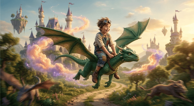 riding a tiny dragon in a fantasy land