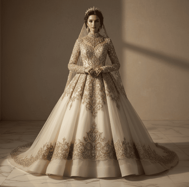 Ivory and gold long wedding dress