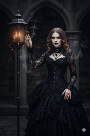 AI Hexe steht unter einer hohen Schmiedeeisen-Stehlampe
