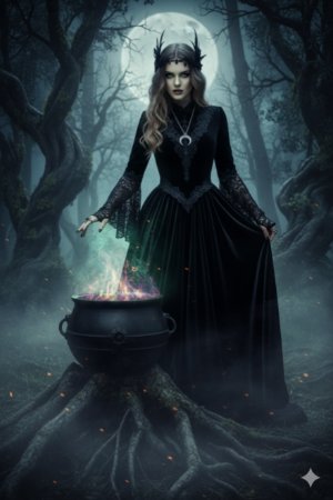 AI Hexe steht in mondbeschienenem Wald