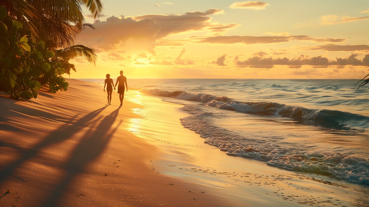 bikini couple beach sunset