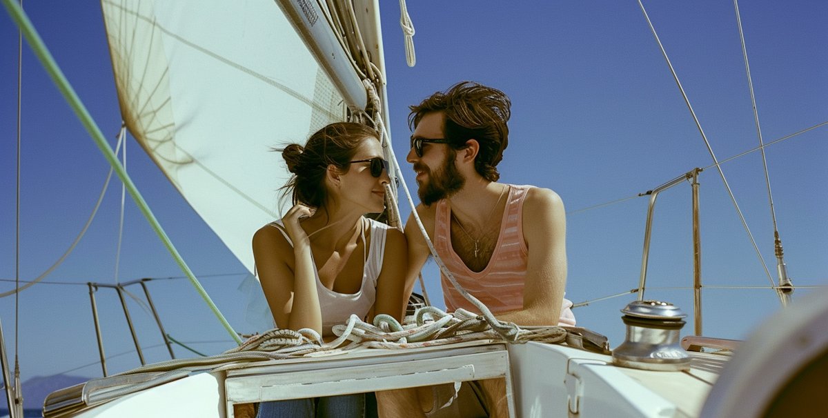 bikini couple on a sailboat