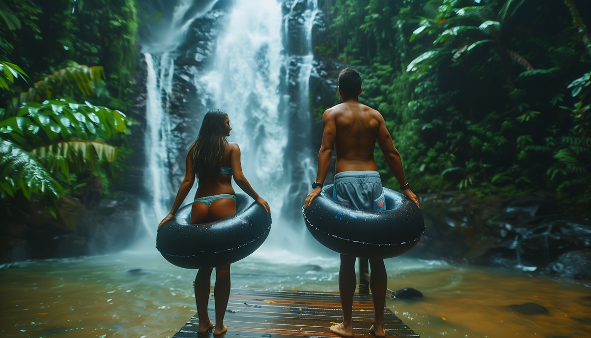 bikini couple with waterfall
