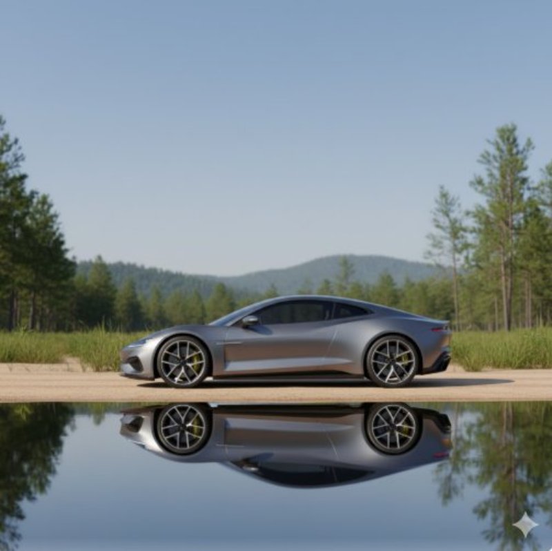 car by calm lake with reflections