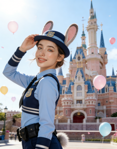 a cheerful girl dressed as Officer Judy Hopps