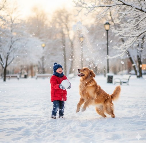 child and-dog snow play