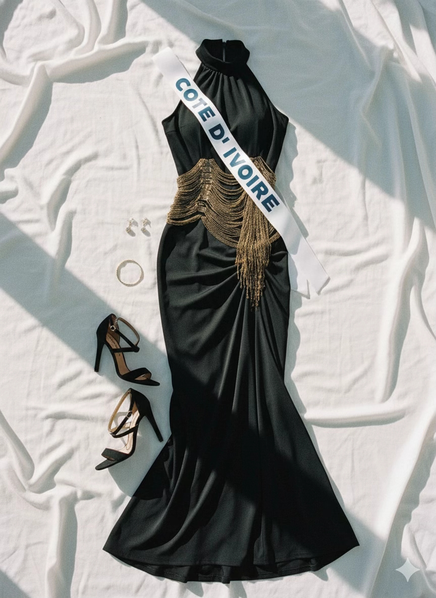 Miss Universe Côte d'Ivoire black evening gown with gold chain fringe, country sash and black high heels on a white fabric background