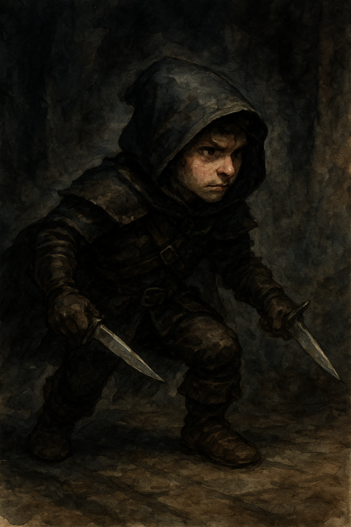 A sneaky halfling rogue in dark leather armor