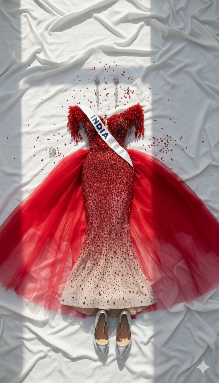 Miss Universe India red sequin ombré gown with wide tulle skirt, white country sash, silver heels and scattered red beads on white sheet