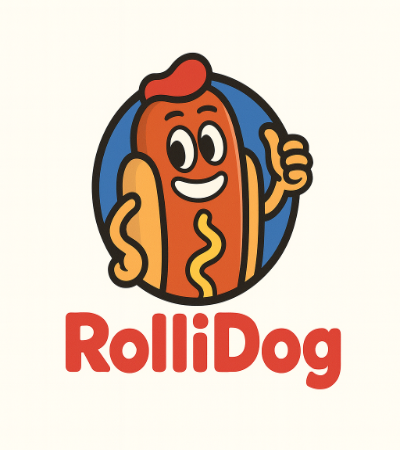 a fun badge logo featuring a cartoon hotdog