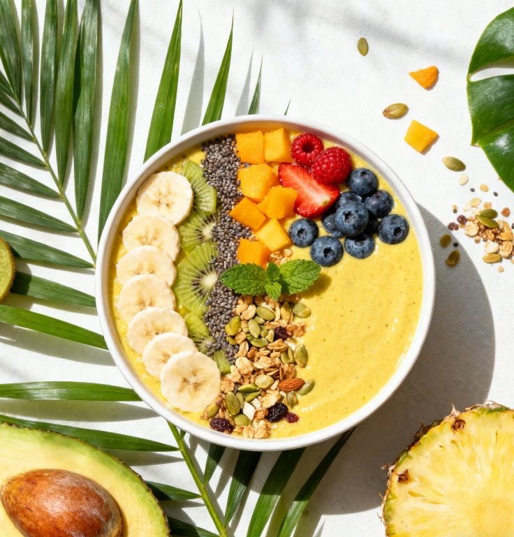a colorful flat-lay of a tropical smoothie bowl