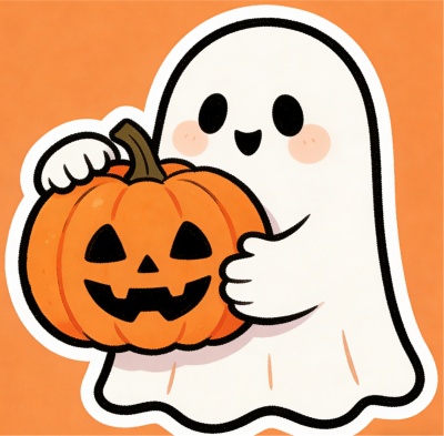 adorable ghost holding a pumpkin