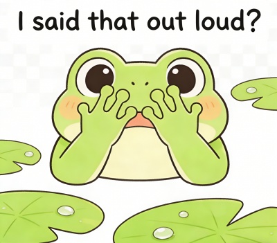 pastel green chibi frog peeking through fingers