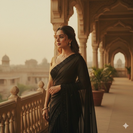 a woman wearing a black party saree