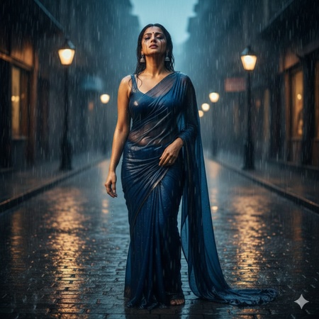 an Indian woman wearing a dark and wet saree