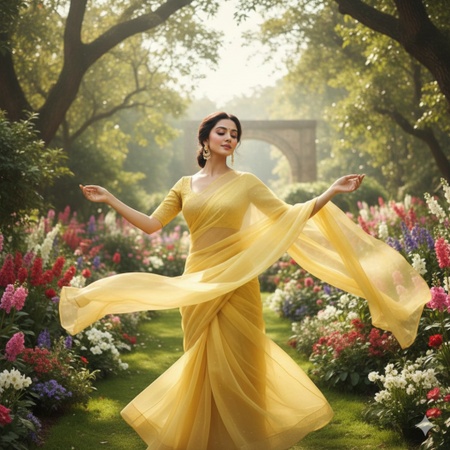 an Indian woman wearing a flowing yellow chiffon saree
