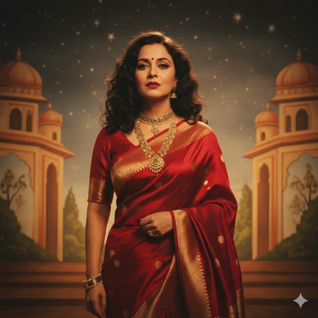 an Indian woman wearing a deep red silk saree