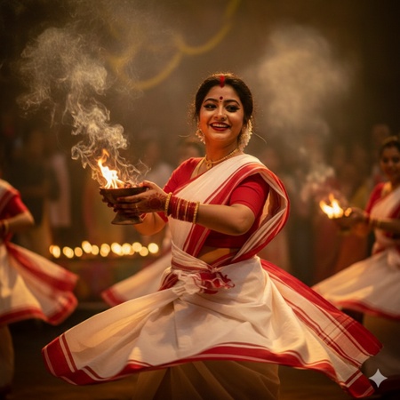 a Bengali woman wearing a white saree with a red border