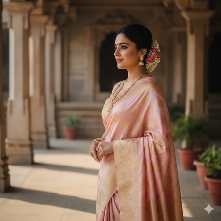an Indian woman wearing a pastel pink Banarasi saree