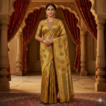 a woman wearing a golden Banarasi saree with peacock design