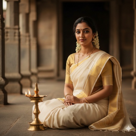an Indian woman wearing a white and gold Kerala Kasavu saree