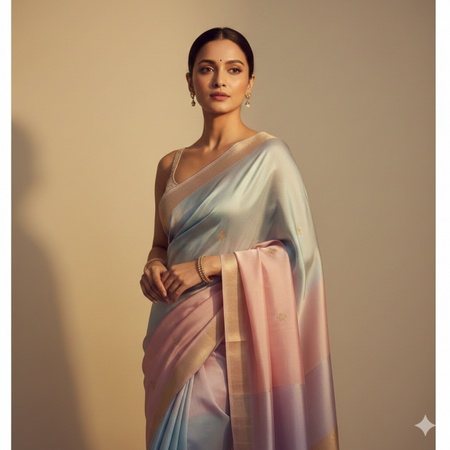 a woman wearing a light pastel saree