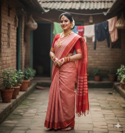 a Bengali woman dressed in a red and white cotton saree