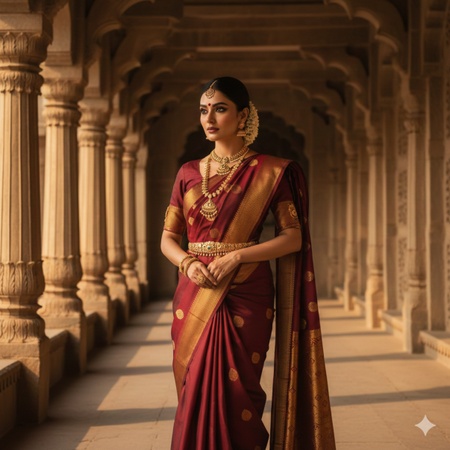 a woman wearing a deep maroon Kanjeevaram silk saree