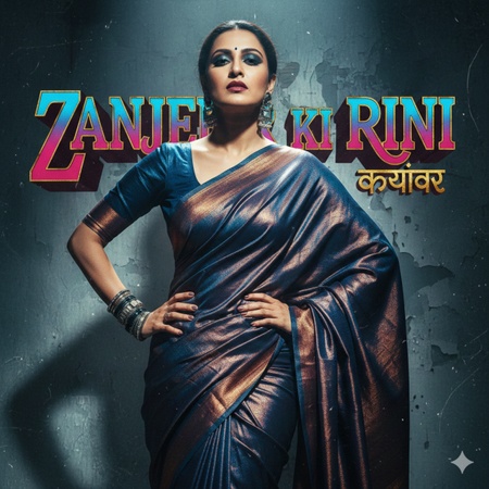 a fierce woman wearing a metallic silk saree