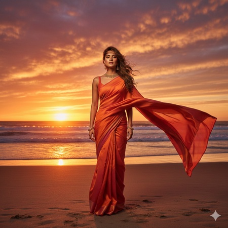 a woman wearing an orange and magenta silk saree