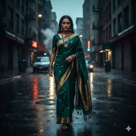 a woman wearing a deep green saree