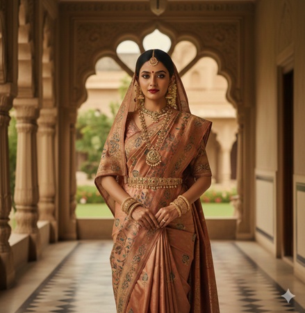 a woman wearing an embroidered silk saree