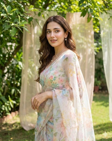 a woman wearing a floral saree