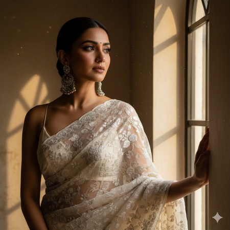 a woman wearing an embroidered saree