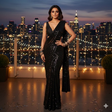 a woman wearing a black sequined saree